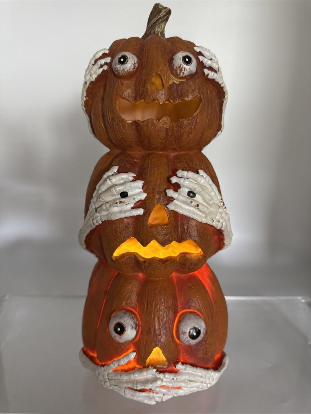 14" Halloween Lights Up Stack Pumpkins "Hear no, See no, Speak no Evil Pumpkin"